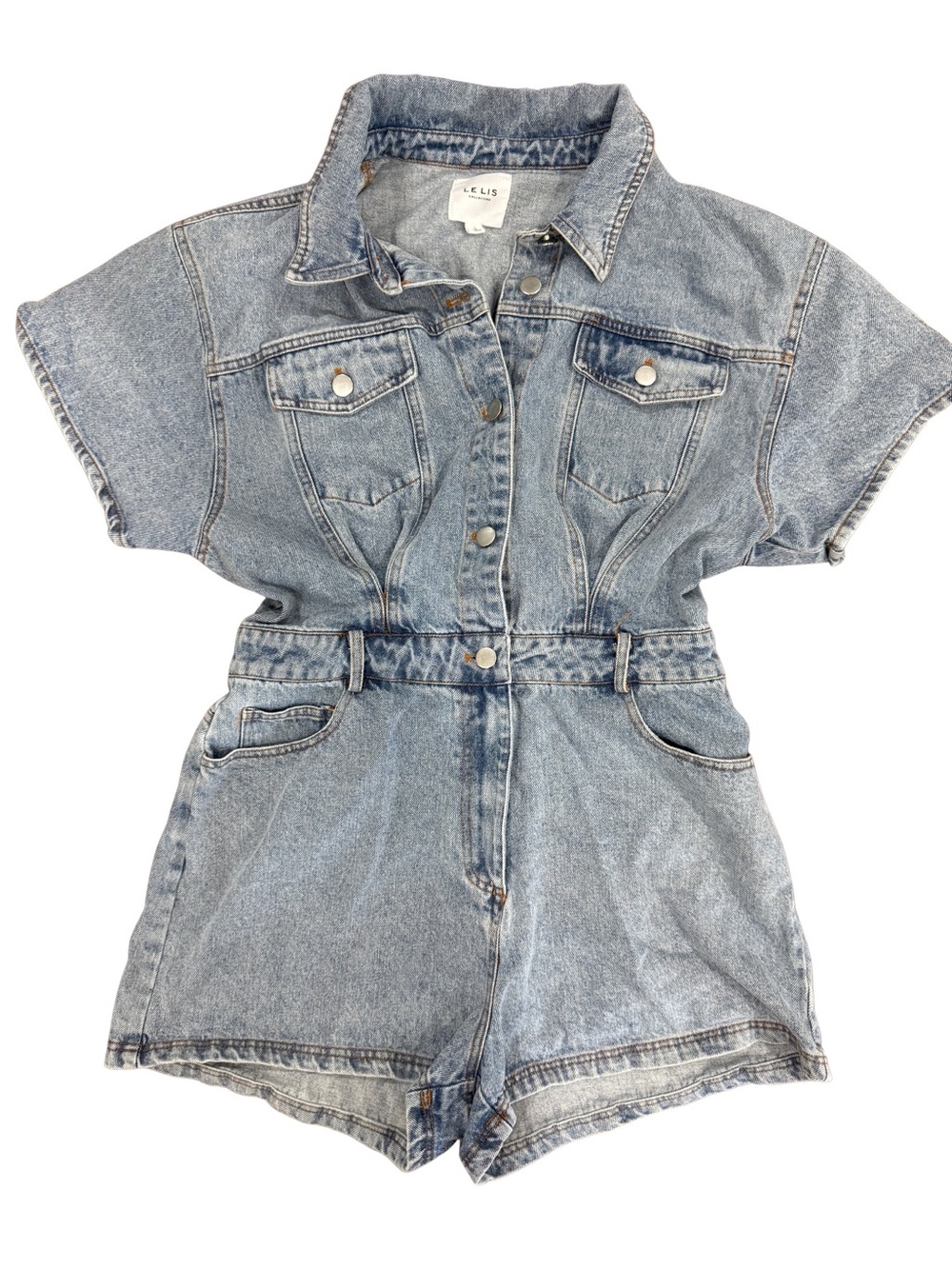 Le Lis Light Wash Denim Utility Romper Short Sleeve Button Front